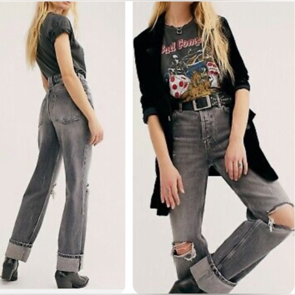 Free People Black High Rise Jeans with Distressed Details